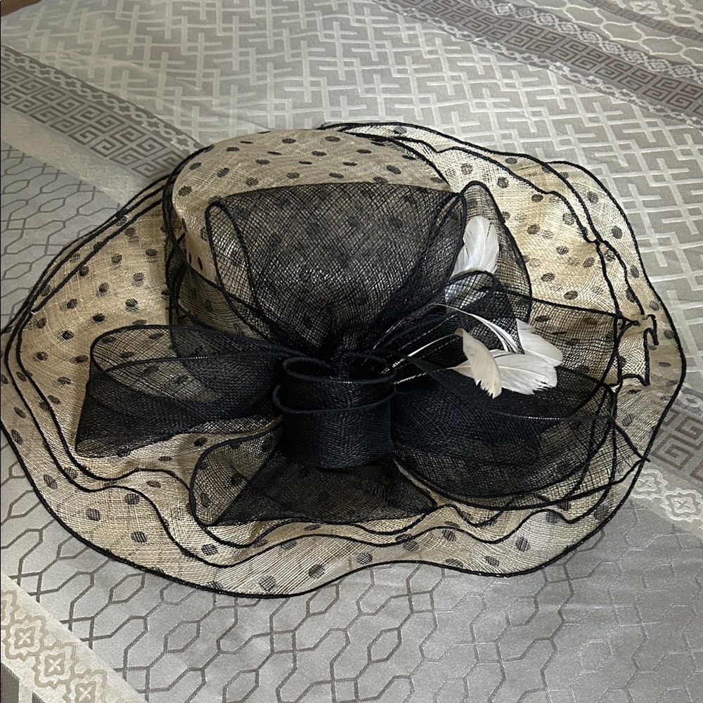 Elegant Black and Cream Ladies Polka Dot Dress Hat with Bow and Feathers